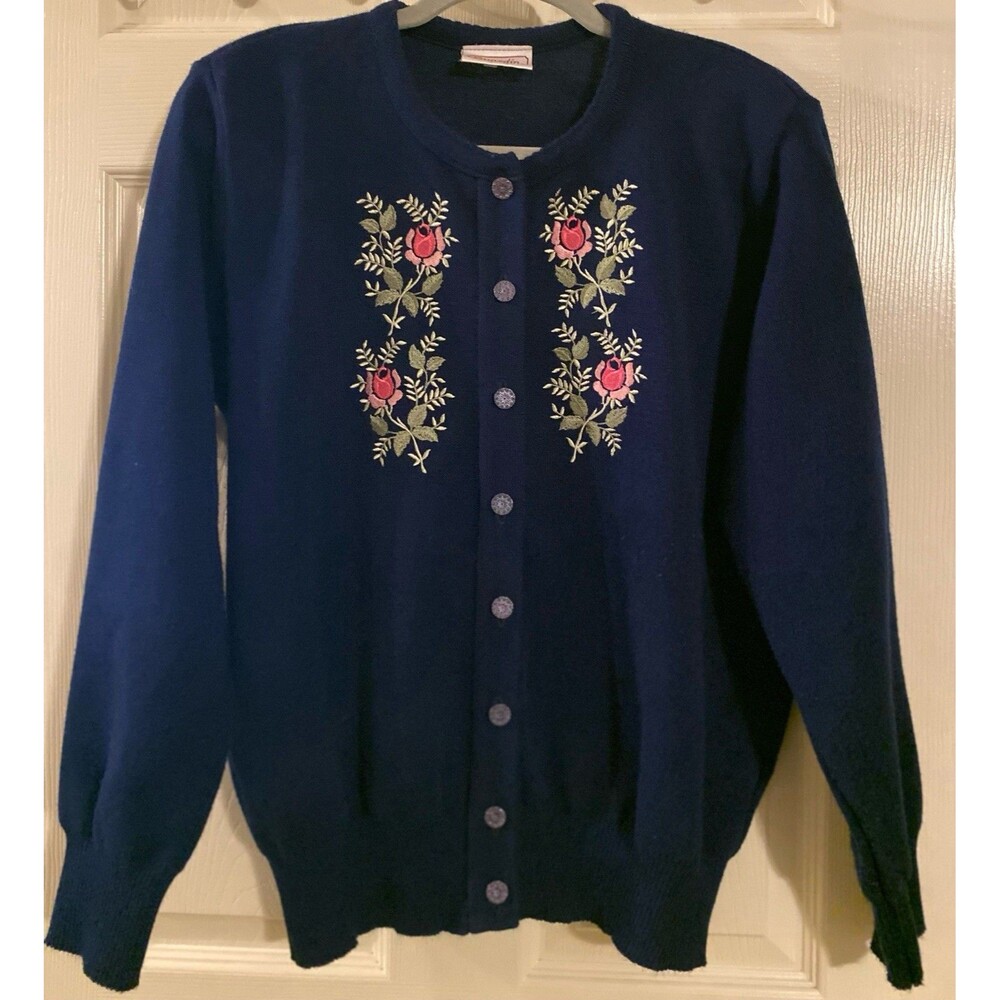 VTG SCOTLAND DUNEDIN BLUE FLORAL EMBROIDERED CARDIGAN SWEATER Women’s L Cottage